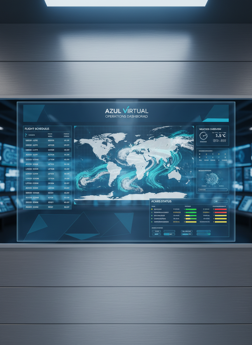 A sleek, ultra-modern virtual airline operations dashboard displayed on a high-resolution glass cockpit-style screen mounted on a brushed aluminum wall. The interface shows a clean Azul Virtual Crew Portal home screen with flight schedules, weather overlays, and ACARS status panels in shades of deep blue, white, and subtle cyan accents. Soft, cool studio lighting reflects gently off the metallic surfaces, creating precise highlights and minimal shadows. Shot at eye level with sharp focus throughout, the photographic realism emphasizes clarity, professionalism, and reliability. The background is slightly out of focus, hinting at a sophisticated operations center filled with blurred digital panels, contributing to a calm, controlled, and highly professional atmosphere.